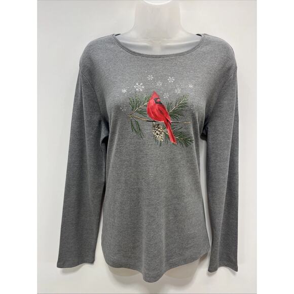 Croft & Barrow Classic Tee Holiday T-Shirt Tee Gray w Cardinal Bird Medium - Picture 1 of 7